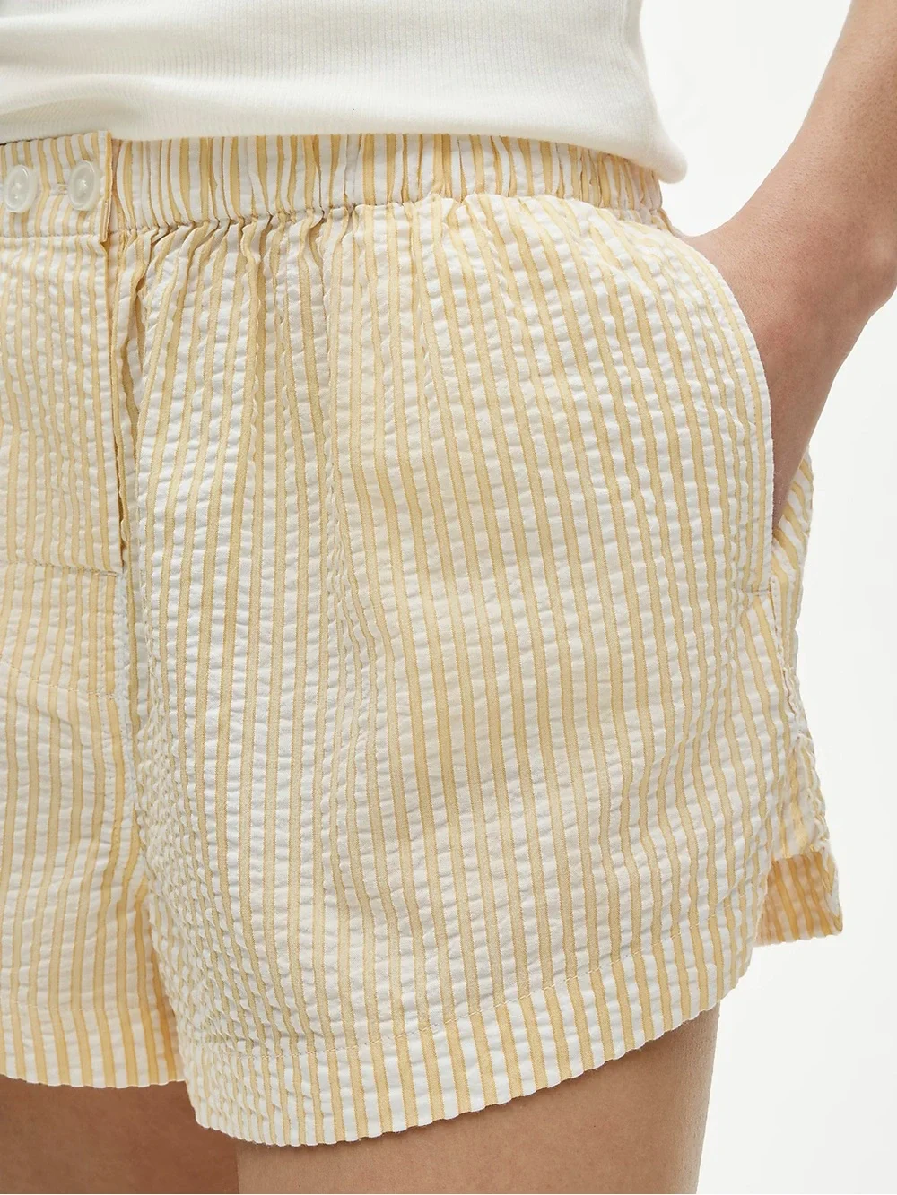 J. Crew Pale Yellow and White Striped Seersucker High-Waist Shorts - Picture 1 of 3